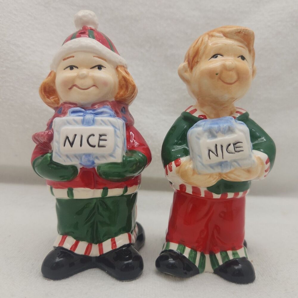 Salt And Pepper Shakers 2 Sided Naughty And Nice Boy & Girl Comedy Ceramic VTG